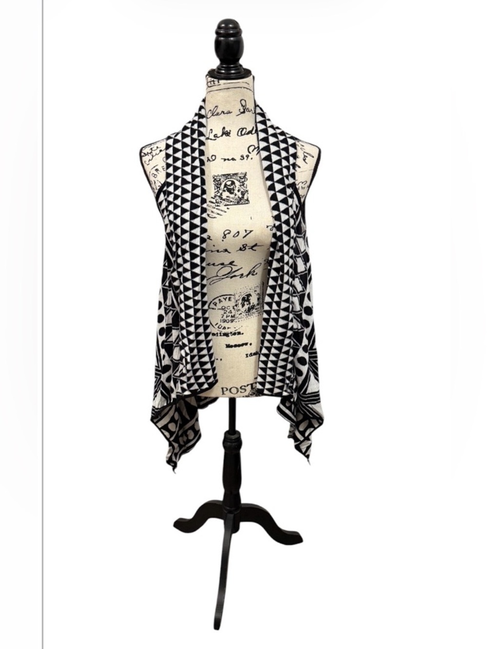 Black & White Geometric Open Front Drape Vest